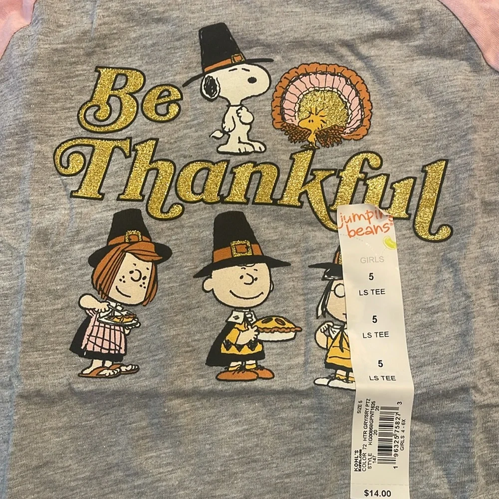 NIP jumping beans snoopy peanuts be thankful Thanksgiving shirt girls 5